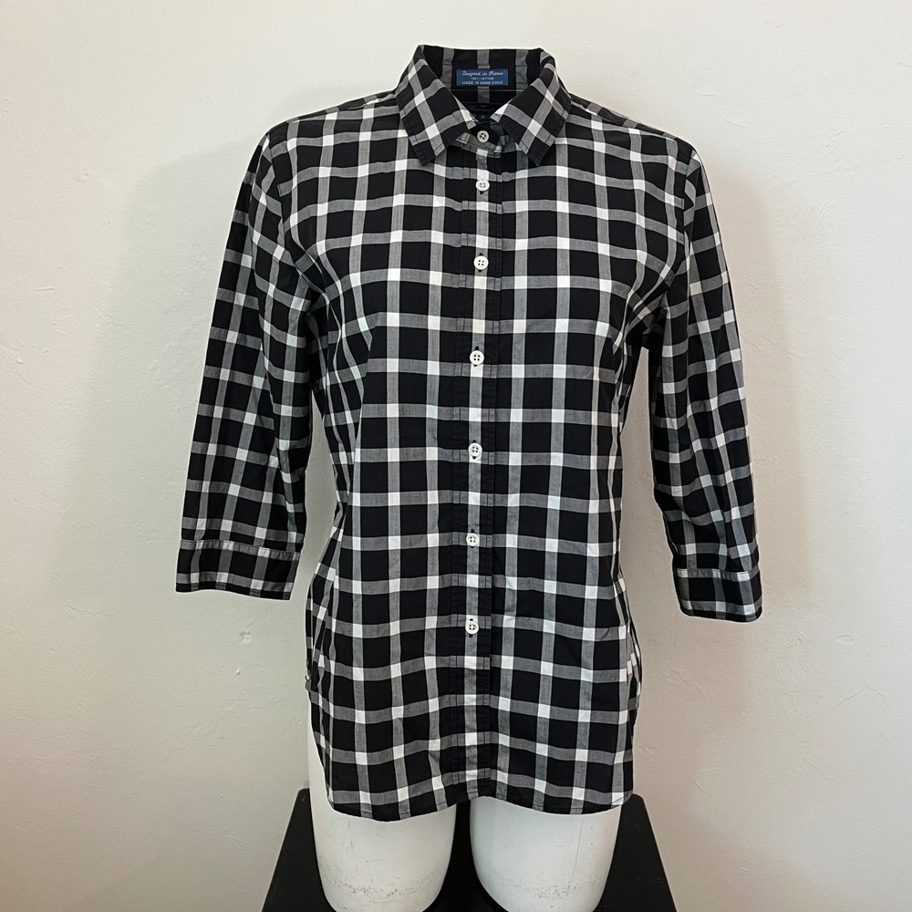 Faconnable Womens Black White Gingham Cotton 3/4 Sleeve Button Shirt Size M